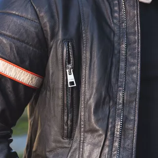Men’s Leather Jacket W-TEC Hellsto - Black with Beige and Orange Stripe