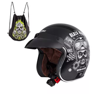 Motorcycle Helmet W-TEC Kustom Black Heart - Starter, Matte Black - Skull, Glossy Black