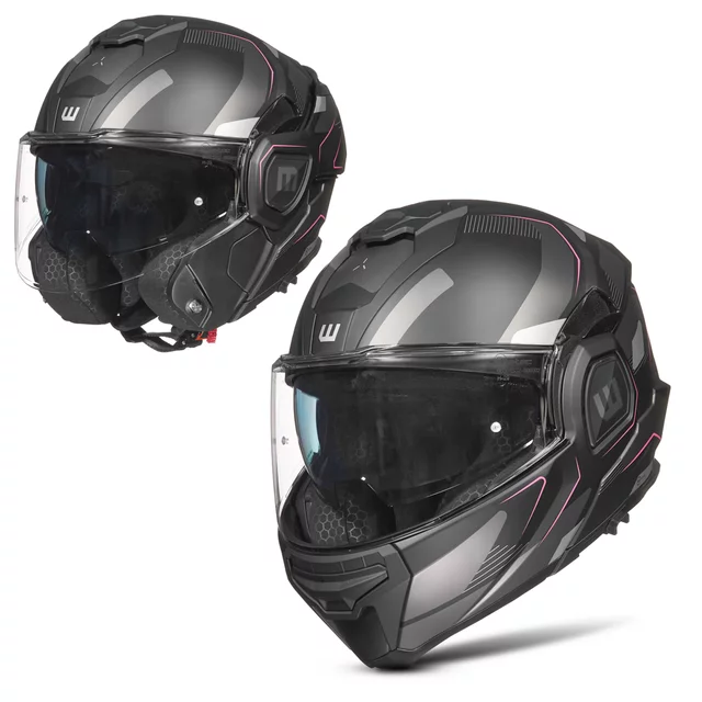 Flip-Up Motorcycle Helmet W-TEC Zoroz P/J - Metallic Grey - Matt Black-Fluo Pink
