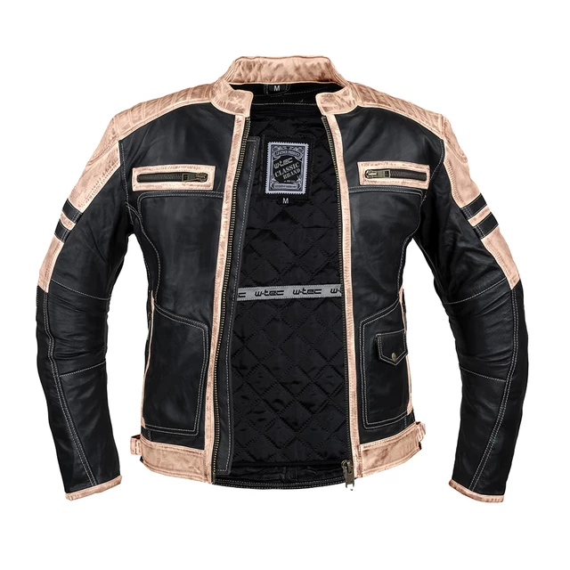 Men’s Leather Jacket W-TEC Esbiker - Black with Beige Stripes