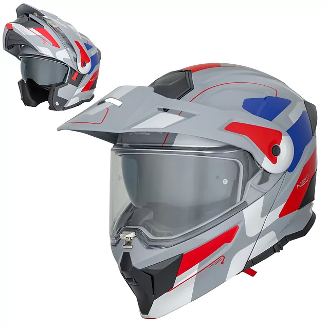 3-in-1 Flip-Up Motorcycle Helmet W-TEC Neovu Graphic - Black-Fluo - šedo-červeno-modrá