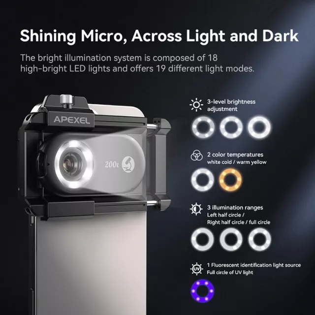 200x Smartphone Microscope Lens Apexel w/ LED and UV Light
