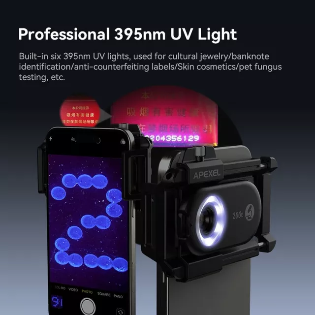 200x Smartphone Microscope Lens Apexel w/ LED and UV Light