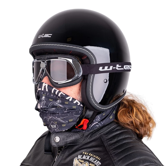 Chopper Helmet W-TEC Badachos w/ Atavist Goggles - Black Glossy - Black Glossy