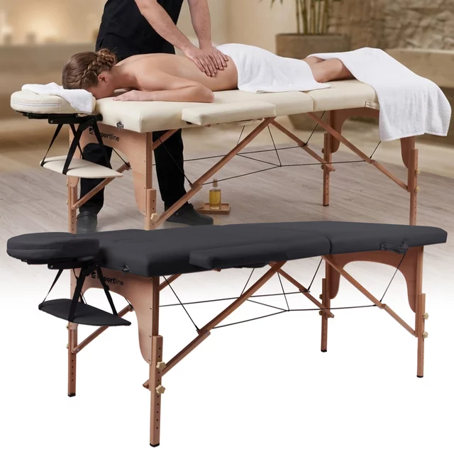2-Section Wooden Massage Table inSPORTline Orashi (186 × 60 × 62.5–85.5 cm) - Cream - Black