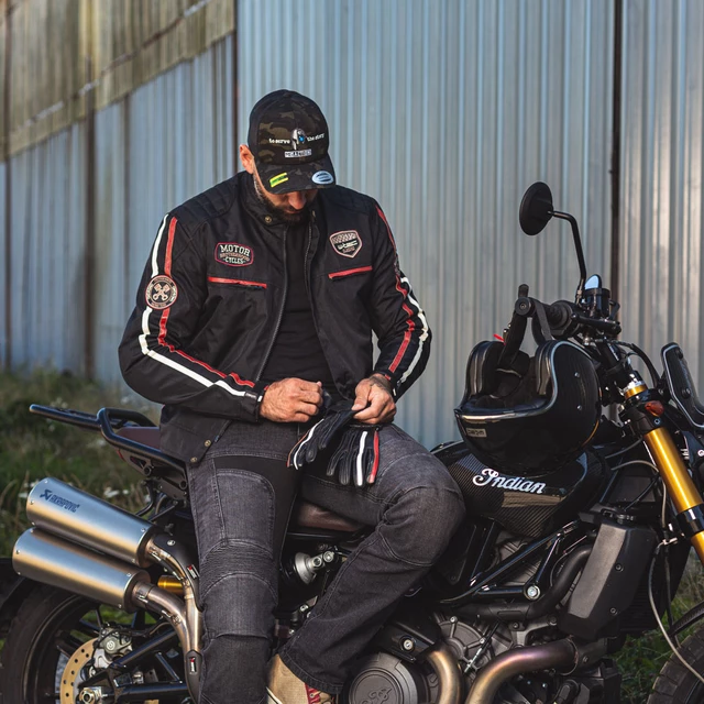 Motorcycle Gloves W-TEC Classic - Jawa Black with Red and Beige Stripe