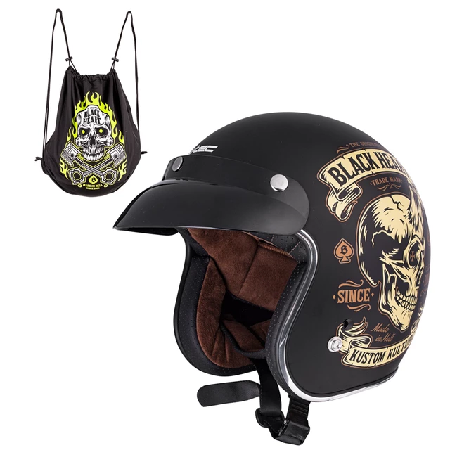 Motorcycle Helmet W-TEC Kustom Black Heart - Starter, Matte Black - Skull Horn, Matte Black