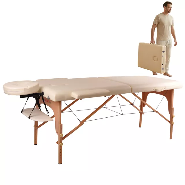Massage Table inSPORTline Taisage 186x70x62-84 cm 2-Piece Wooden - Grey - Cream Yellow