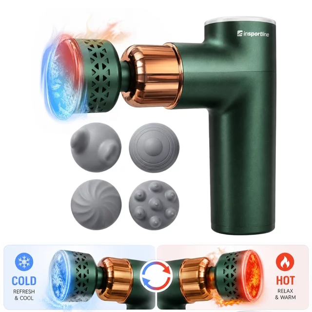 Massage Gun with Heated/Cooling Attachment inSPORTline ChillFrost • 1,800 mAh • 1,600–2,800 RPM • Up to 6 mm - Black - Green