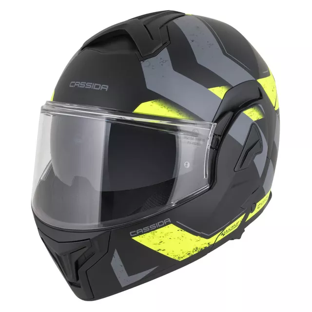 Flip-Up Motorcycle Helmet Cassida MultiFlip Korp P/J - Matt Black/Fluo Yellow/Grey