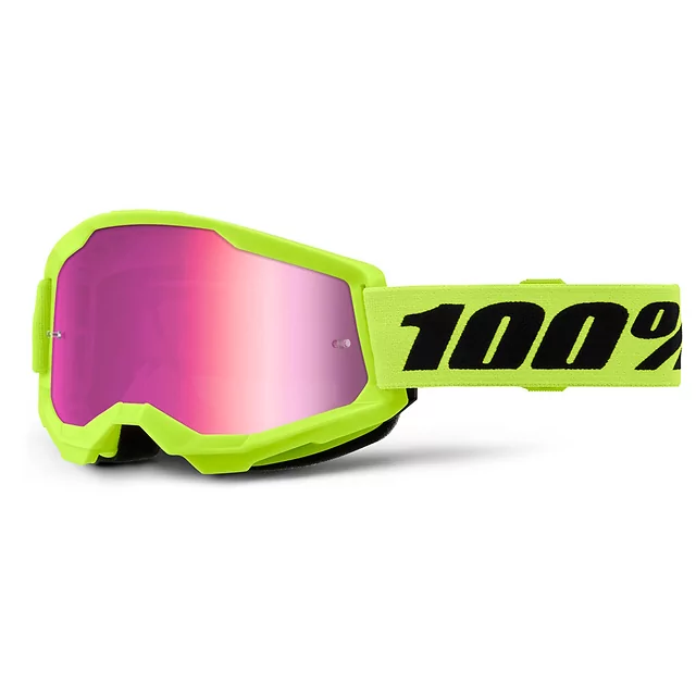 Junior Motocross Goggles 100% Strata 2 Junior Mirror - White, stříbrné plexi - Neon Yellow, růžové plexi
